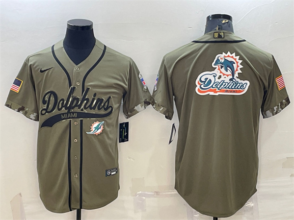 Men's Miami Dolphins Olive 2022 Salute To Service Team Big Logo Cool Base Stitched Baseball Jersey